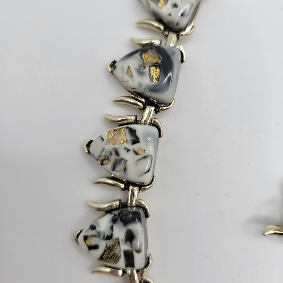 VTG Coro Demi-Parure: Gold Tone Setting | White, Black, Gold "Confetti" | SIGNED - Picture 5 of 13